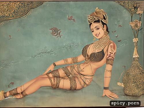 smiling, european 18th century paintings, dancing, breasts covered by intricate tattoos