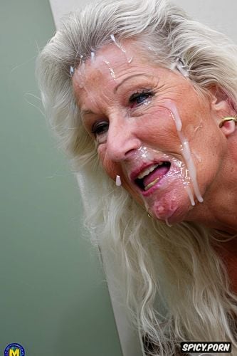 long blonde faded curly hair, cum swapping, color portrait, messy cumshot on face