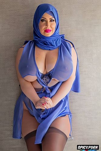photo studio light settings, vibrant make up, totally naked in nothing else but bright stockings and hijab