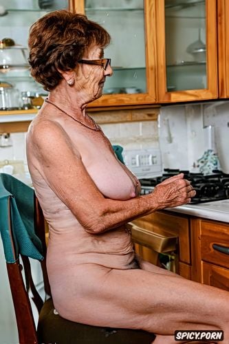 side view of 70 yo german granny, sits on dick, brunette hair