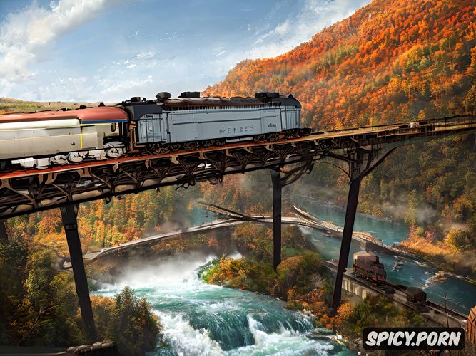 steam engine, awesome elevated crossing over wild river, beautiful landscape