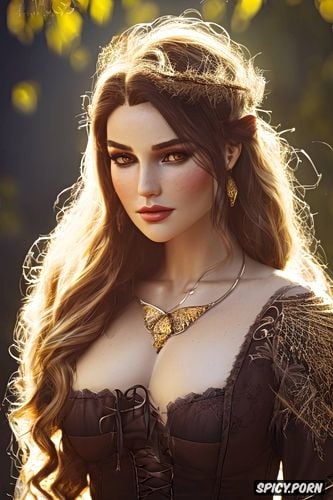 tight low cut brown peasant farmer dress, bethany hawke dragon age beautiful face pale kissed skin long soft honey brown hair