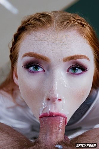 realistic, natural ginger, pale skin, white female, sloppy blowjob