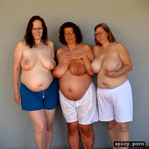 a standing obese short grannies wearing long baggy shorts, 2 women