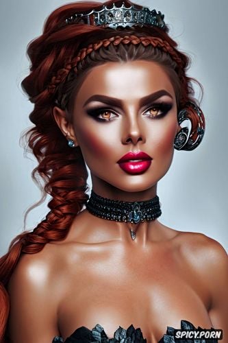 ultra detailed, ultra realistic, fantasy barbarian queen beautiful face full lips tan skin long soft dark red hair in a braid diadem full body shot