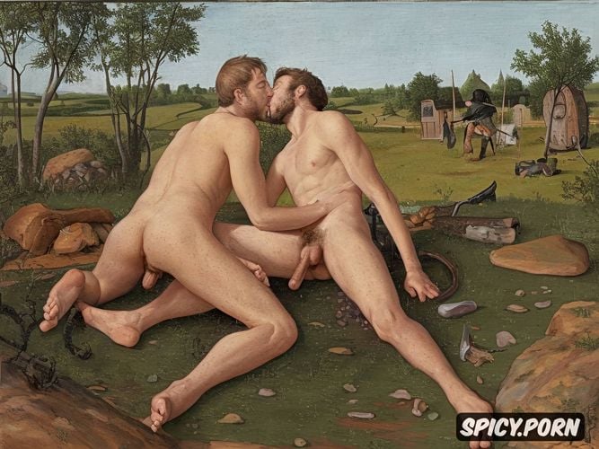 nude males painting in the style of pieter bruegel de oude, long legs wide open