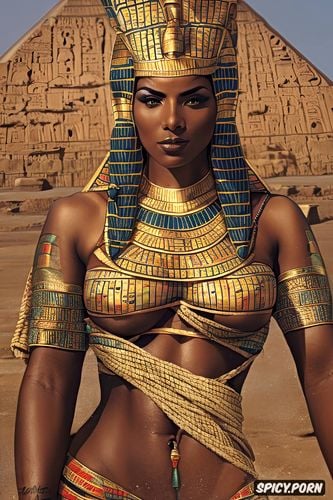 masterpiece, ultra realistic, femal pharaoh ancient egypt egyptian pyramids pharoah crown beautiful face topless