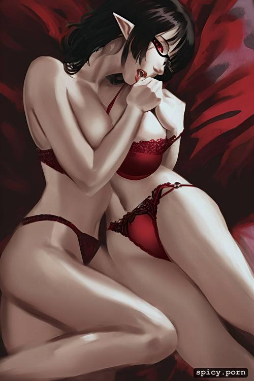 moonlight, pointy ears, laying down, black and red panties, thin body