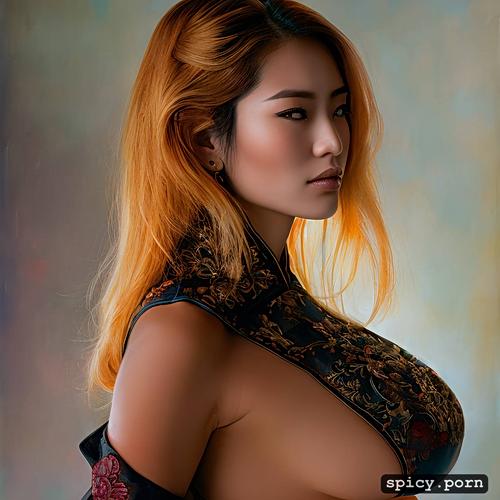 muscular body, chinese lady, tall, yellow hair, intricate hair