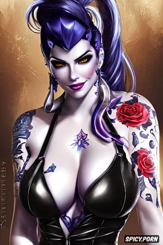 tattoos masterpiece, k shot on canon dslr, ultra detailed, widowmaker overwatch beautiful face milf sexy low cut leather mistress outfit