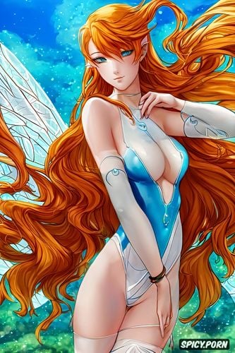 a fairy with long orange hair and translucent wings wearing a blue swimsuit and white leggings