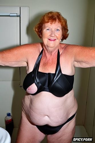 self assured elderly ssbbw super sized big beautiful woman granny senior ninety of age stands in bathroom in one piece swimsuit permed ginger hair her full