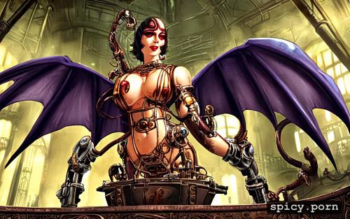 laboratory, elegant steampunk anthro dragon clockwork prosthetics clothed female sitting detailed wings and tail