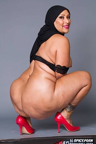 chubby, hijab headscarf, big round ass, red heels, squatting