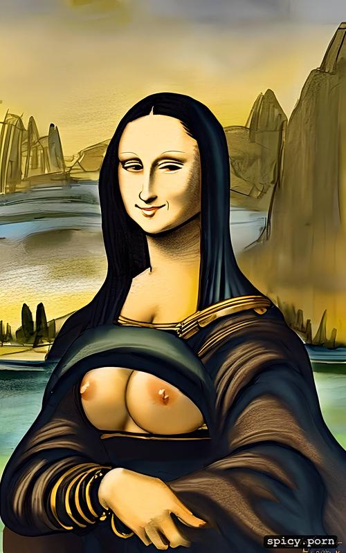 natural breasts, topless, smile, medieval gown, nude, milf, style mona lisa