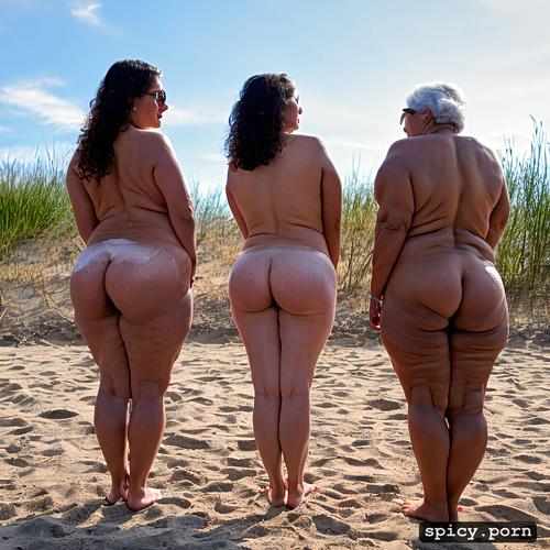 sagging ass, short hair, white nails, curly short hair, four mexican grannies standing at beach
