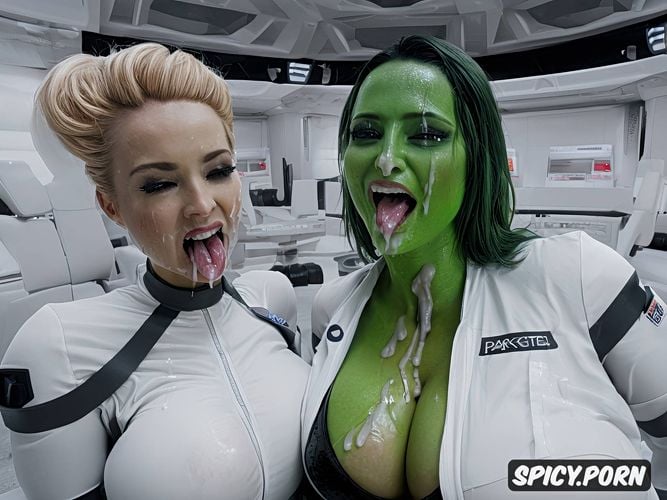 tongue out, two women, huge tits, ssbbw alien with green skin