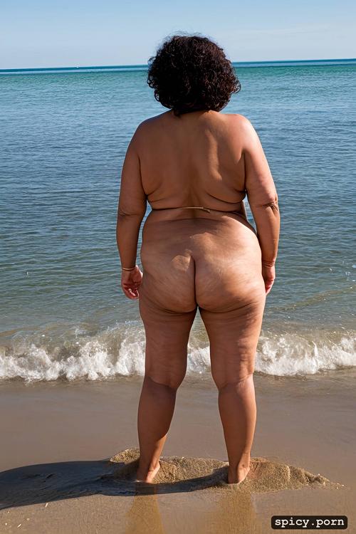standing, from behind, large high hips, at beach, shrink boobs