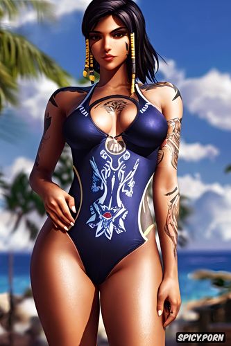 high resolution, pharah overwatch beautiful face young tight low cut black one piece swimsuit
