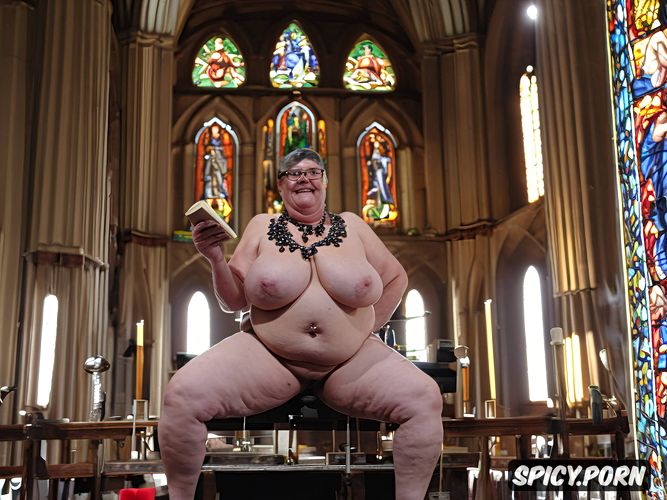 very obese oversized old fat granny, inside church, huge navel