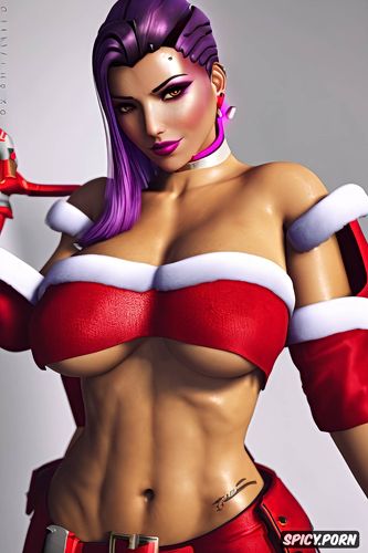 ultra detailed, ultra realistic, sombra overwatch slutty santa outfit beautiful face full lips milf full body shot