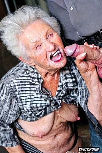 extremely old senior granny, sucking two dicks, showing gums