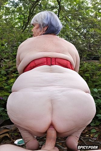 white granny, squatting, rear view, hyperrealistic pregnant pissing muscular thighs red bobcut haircut