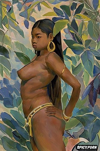 fauvism, muscular, topless, elongated torso, jungle, athletic
