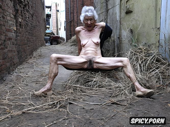 alley, 90 year old, spreading legs, filthy dirty, grey hair