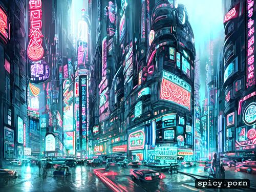 cityscape, painful, doggystyle, neon signs, backlighting, white ethnicity