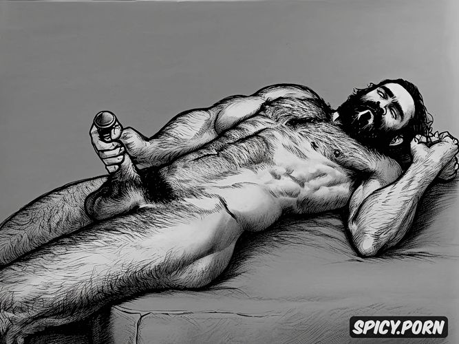 35 yo, dark hair, rough sketch of a naked bearded hairy man sucking on a big penis