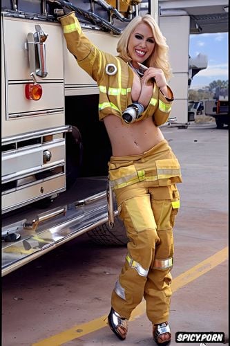 buxom, blonde, hose, firefighteress, fire fighting, tuts out