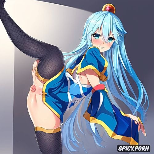 athletic ass, female, legs open, showing anus, blue eyes, detached sleeves