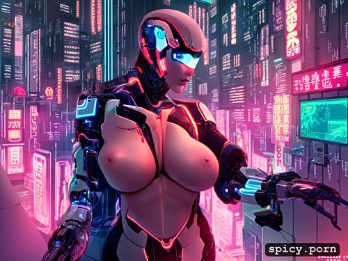 female cyborg, japanese robot, futuristic, nude, neon city, big boobs