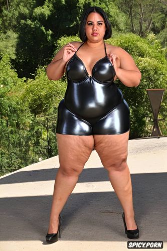 ssbbw hispanic woman in a shiny metallic blue bodysuit, flat chest