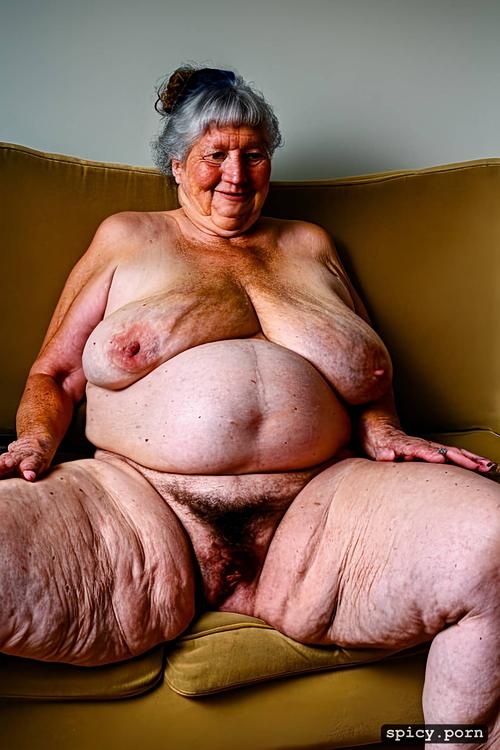 medium length white hair, sitting on couch, cellulite, obese