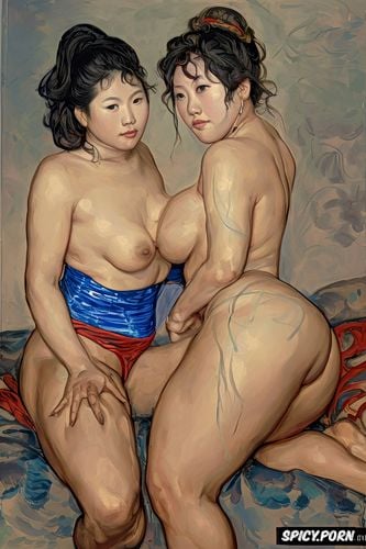 full nudity, wide hips, very small breasts, long legs, two asian lesbians