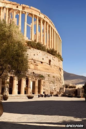 pale skin, big natural breasts, traditional greek woman, historical greek buildings in the background