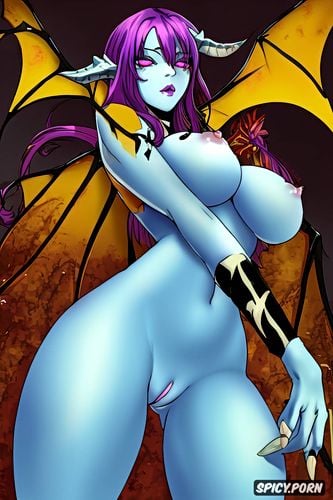 black demonic tail, nice tiny boobs, naked, purple hair, well lighted bedroom