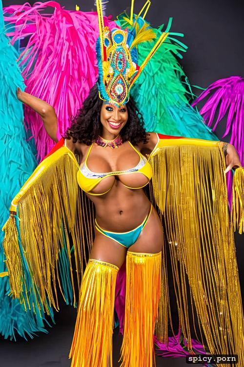 front view, long hair, color photo, intricate costume with matching bikini top