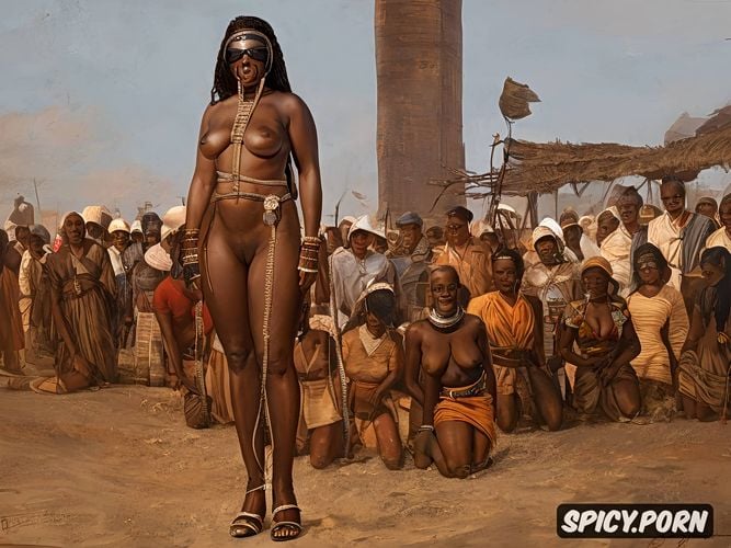 african woman, naked, cuffed, collared and leashed, kneeling