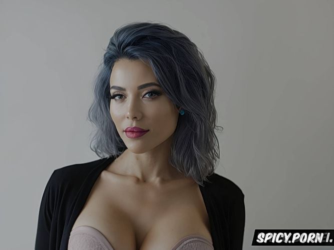 curly hair, abs, makeup, blue hair, oiled body, full shot, big boobs