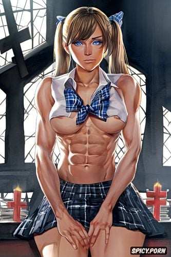 german student, micro plaid skirt, six pack abs, natural lighting