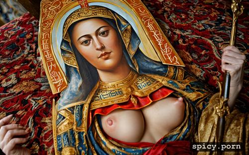 16th century eastern orthodox illuminated holy virginal saint icon coyly reveals left breast visible nipple nipple slip religious sacred image gilded and painted on wood antique church decoration