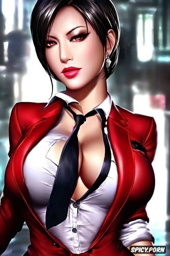 ultra detailed, ultra realistic, ada wong resident evil black blazer white shirt shirt unbuttoned beautiful face full lips milf