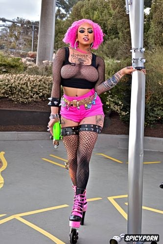 dramatic punk makeup deep, and fearless individuality, she stands confidently in a neon lit urban skate park