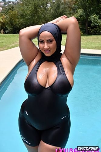 beautiful face, very wet, wet spandex suit, pregnant, tits are flowing out of her tight bra