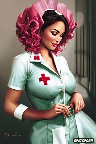 smiling, pink uniform, entire body, a gentle nurse, beautiful