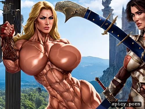 nude muscle woman protecting a little princess, realistic, tiny armor
