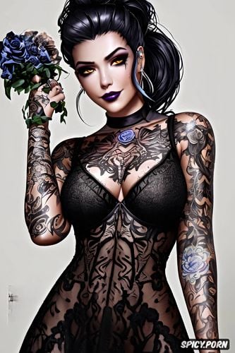 ultra realistic, widowmaker overwatch beautiful face young tight low cut black lace wedding gown